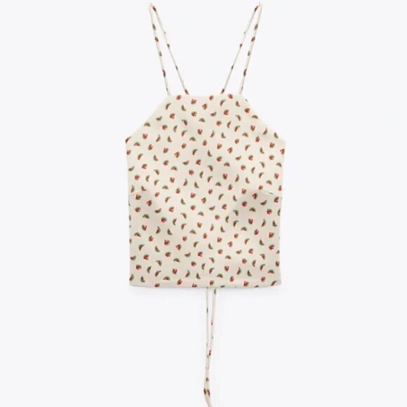 ZARA Satin Effect Y2K Watermelon Print Crisscross Corset Tie Back Crop Top NWT M - Picture 6 of 8